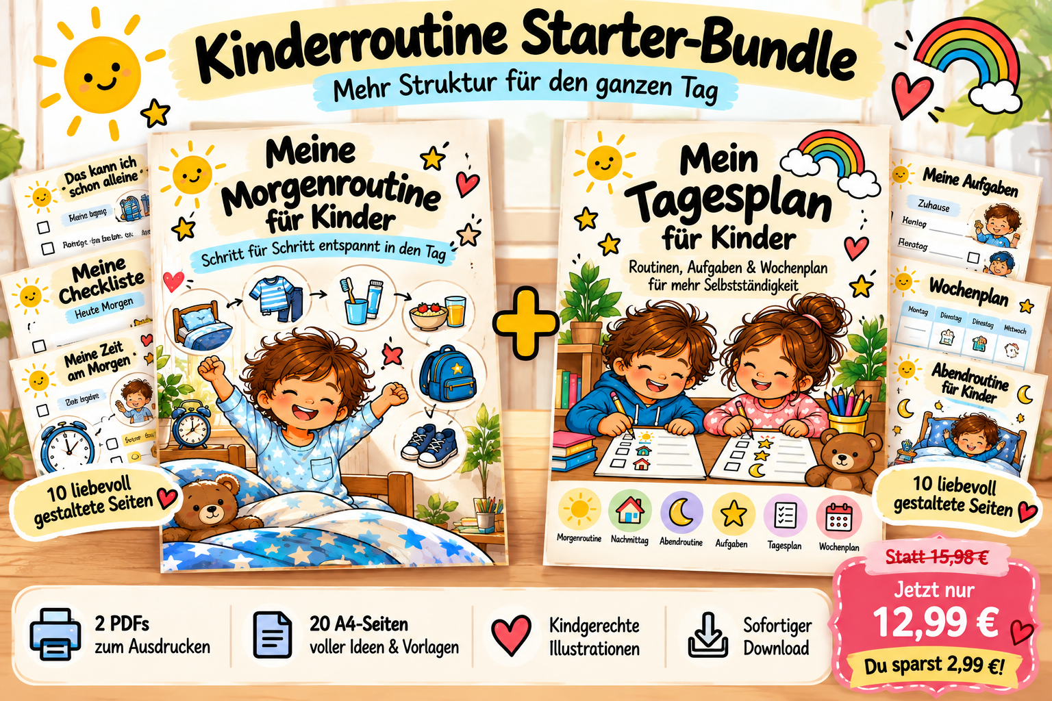 Kinderroutine Starter-Bundle: Meine Morgenroutine für Kinder und Mein Tagesplan für Kinder zusammen, 20 A4-Seiten, statt 15,98 Euro jetzt 12,99 Euro
