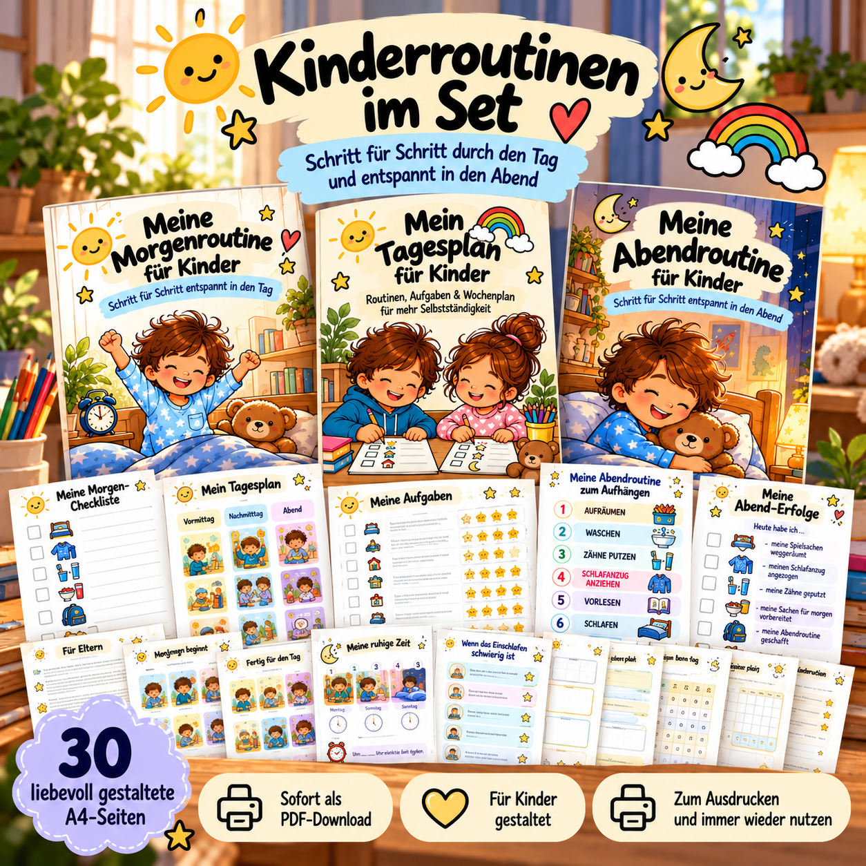 Kinderroutinen im Set: Morgenroutine, Tagesplan und Abendroutine als PDF