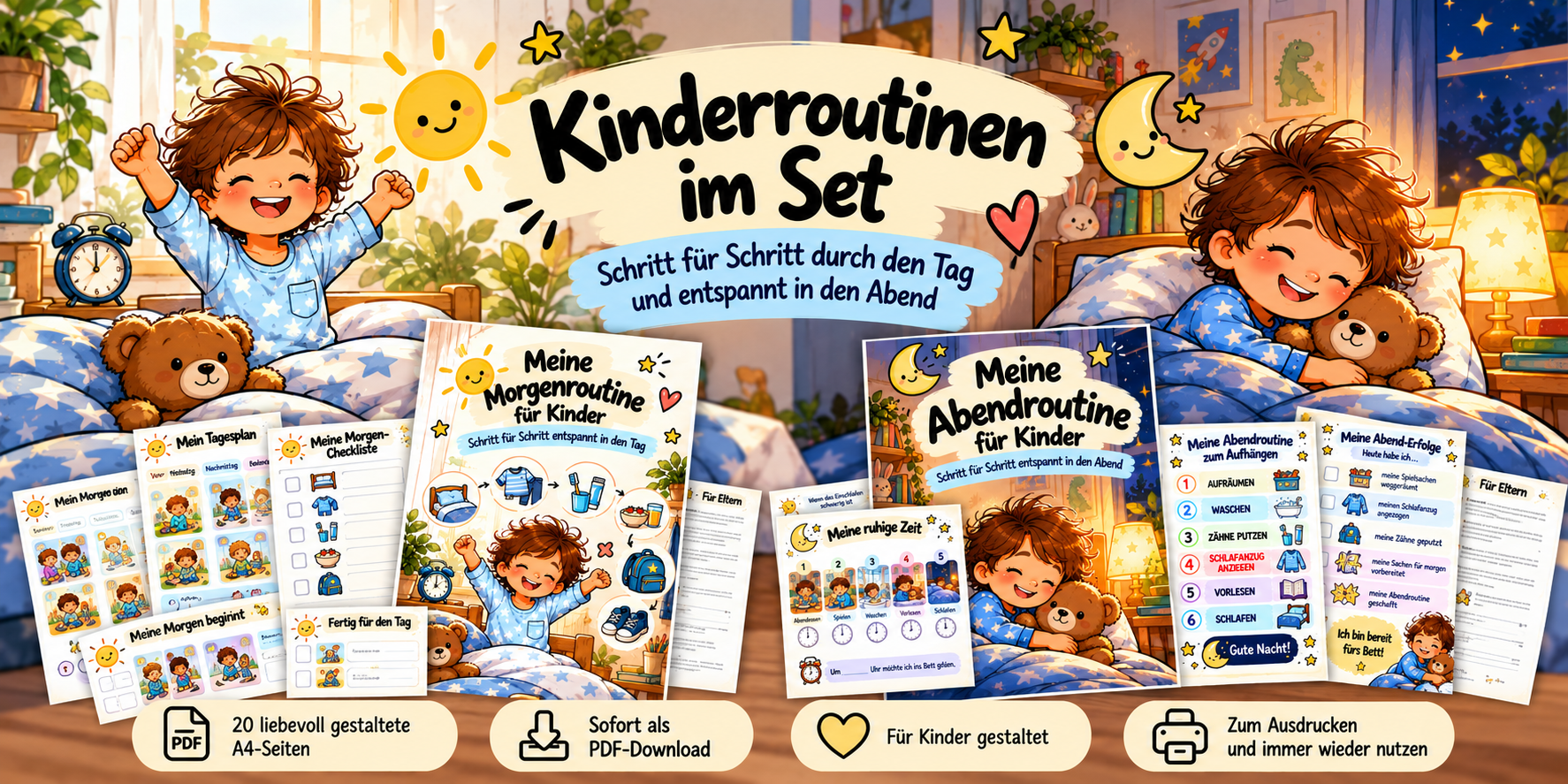 Kinderroutinen im Set: Meine Morgenroutine für Kinder und Meine Abendroutine für Kinder zusammen, 20 A4-Seiten