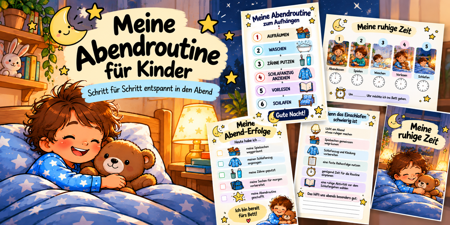 Meine Abendroutine für Kinder: Cover und alle Seiten im Überblick, PDF zum Ausdrucken, A4