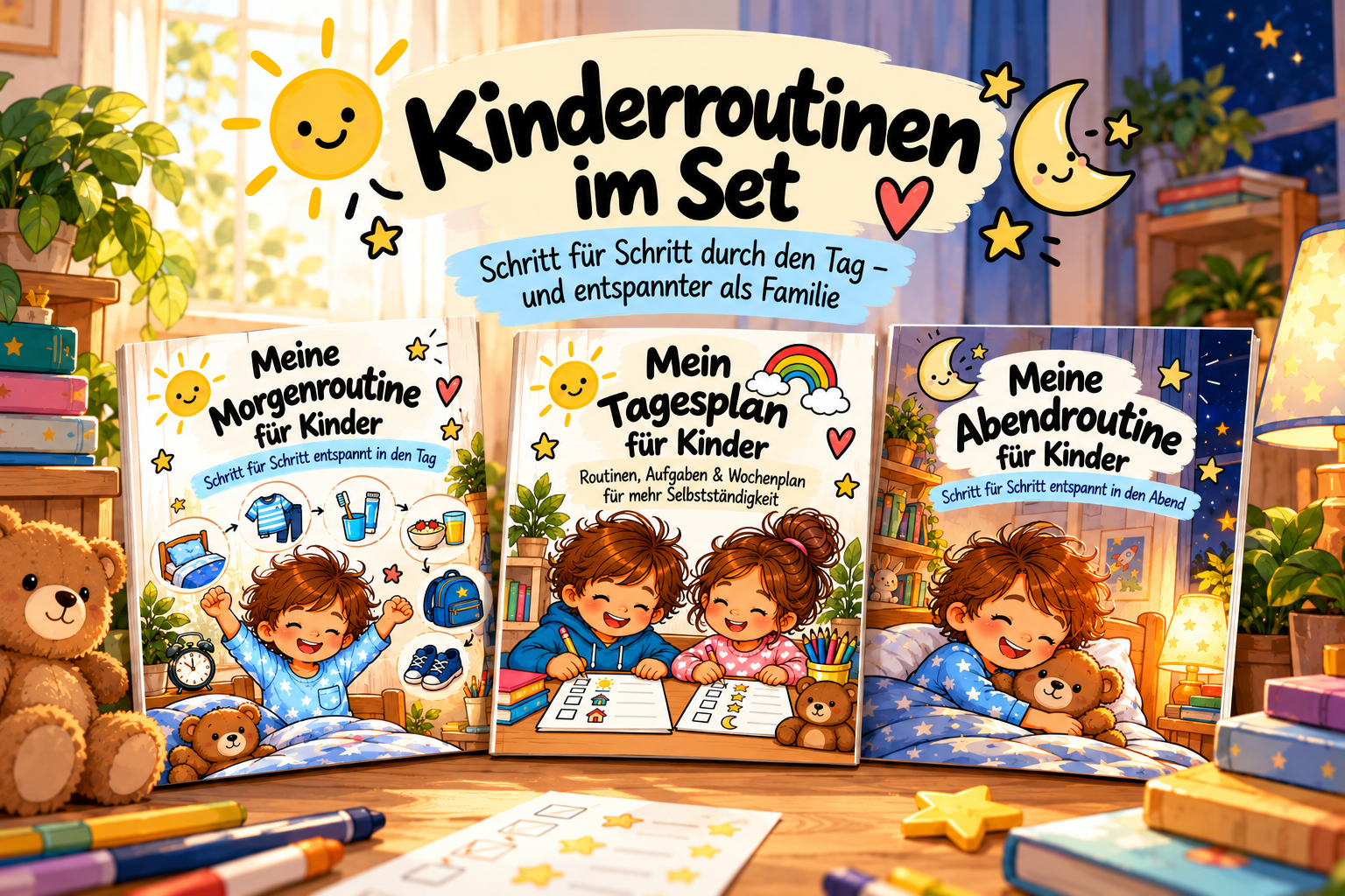 Kinderroutinen im Set: Meine Morgenroutine, Mein Tagesplan und Meine Abendroutine für Kinder zusammen